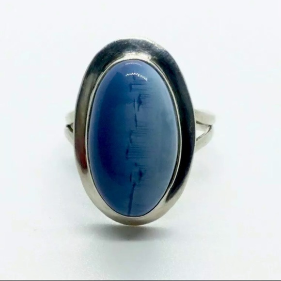 BLUE/ WHITE LACE AGATE STERLING SILVER OVAL RING - Picture 1 of 10